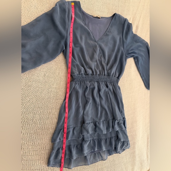 ALTAR’D STATE Like New Dusty Blue Sparkle Ruffle Long Sleeve Mini Dress Size L - Picture 9 of 10